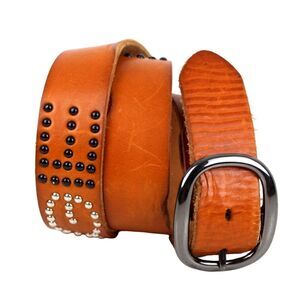 TAN BROWN GENUINE LEATHER 1 3/8"Wd STUDDED CASUAL DRESS WOMEN'S BELT Sz M (E32